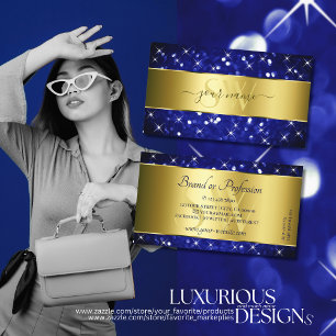 Royal Blue Glitter Stars Guld med Monogram Visitkort