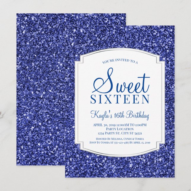 Royal Blue Glitter Sweet 16 inbjudningar (Fram/baksida)