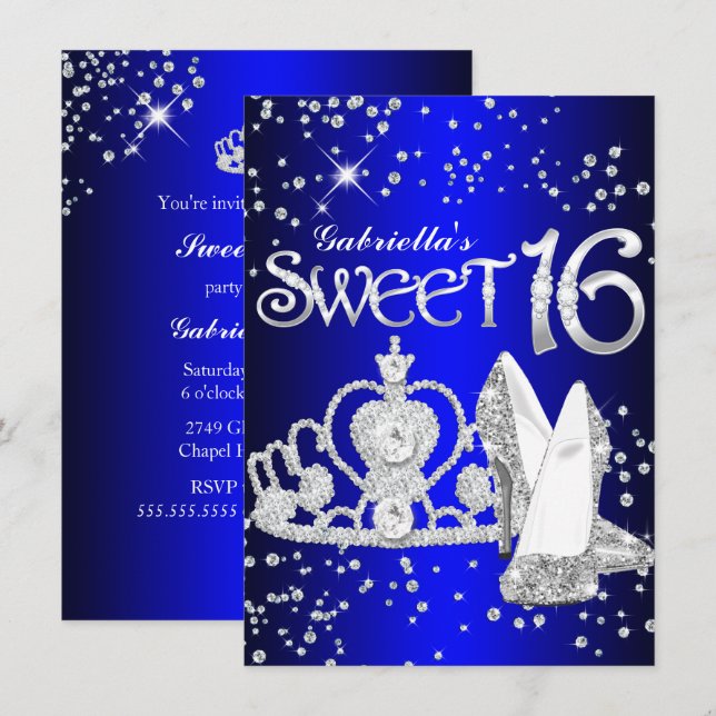 Royal Blue Glitter Tiara & Heels Sweet 16 Inbjudan (Fram/baksida)