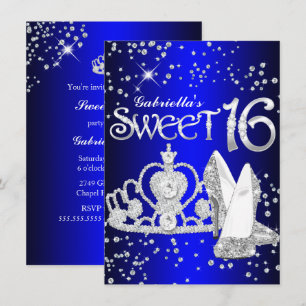 Royal Blue Glitter Tiara & Klackar Sweet 16 Inbjud Inbjudningar