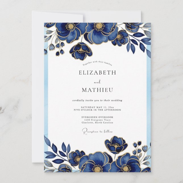 Royal Blue Glorious Botanical Wedding Inbjudningar (Framsida)
