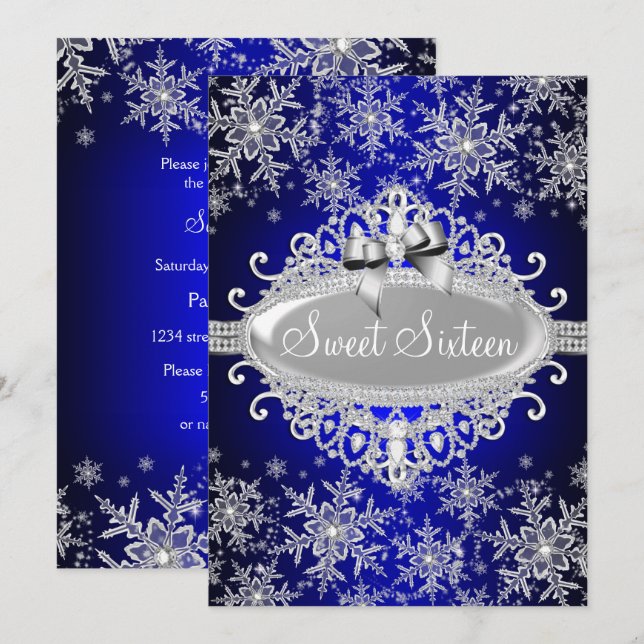Royal Blue Gnistra Snowflake Sweet 16 Inbjudan (Fram/baksida)