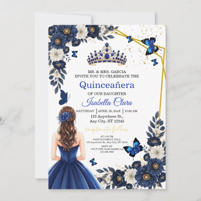 Royal Blue Gold Butterfly Quinceañera Invite Inbjudningar (Framsida)