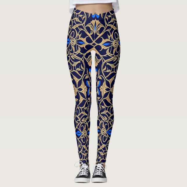 Royal Blue & Gold Floral Elegance Pattern Leggings (Framsida)