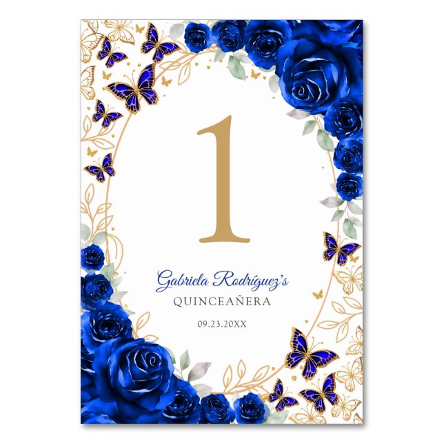 Royal Blue Gold Floral Quinceanera Bordsnummer (Framsidan)
