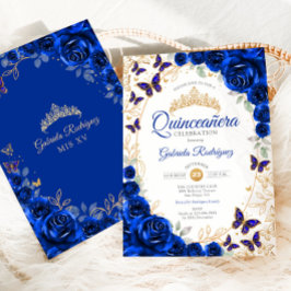Royal Blue Gold Floral Quinceanera Inbjudningar