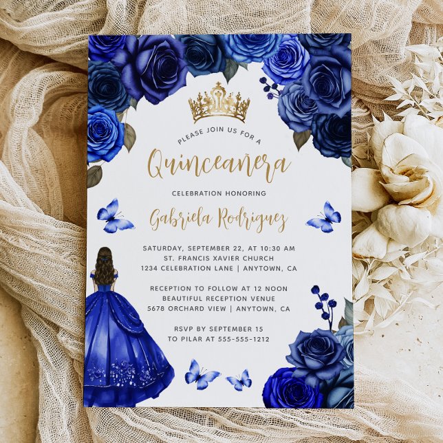 Royal Blue Gold Floral Quinceañera Inbjudningar (Skapare uppladdad)