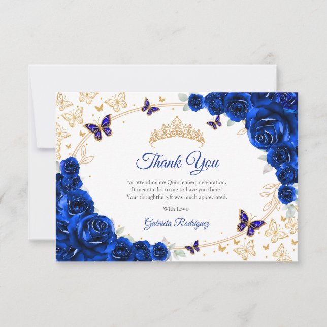 Royal Blue Gold Floral Quinceanera Tack Kort (Framsida)