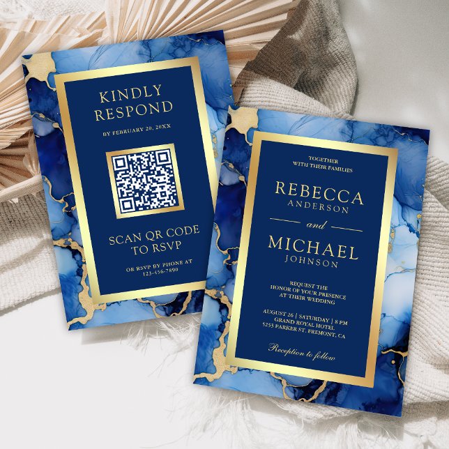 Royal Blue Gold Fluid Ink QR Code Wedding Inbjudningar (Skapare uppladdad)