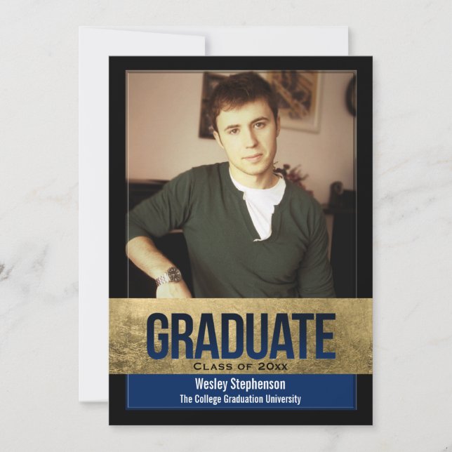 Royal Blue Gold Foil Block Effect Photo Studenten Inbjudningar (Framsida)