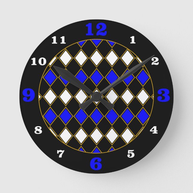 Royal Blue & Gold Harlequin Rund Klocka (Framsida)