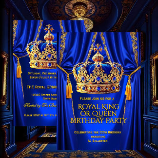Royal Blue Gold King Queen Crown Birthday Party Inbjudningar