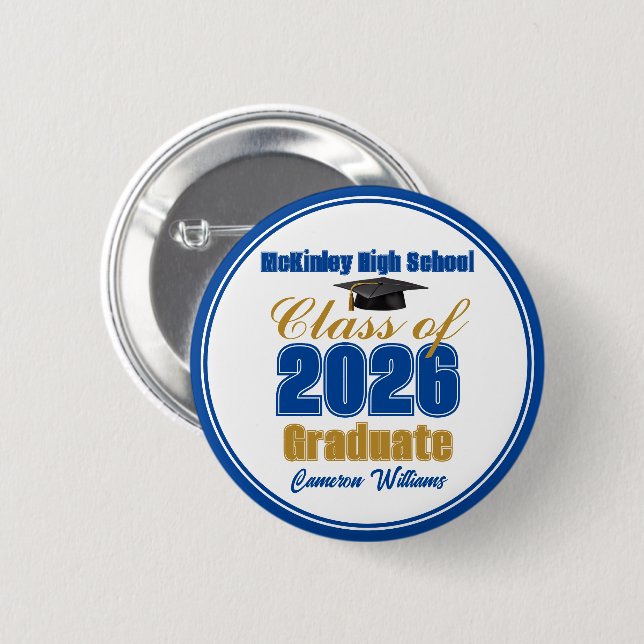 Royal Blue Gold Klass 2026 Examen Souvenir Knapp (Framsida & baksida)