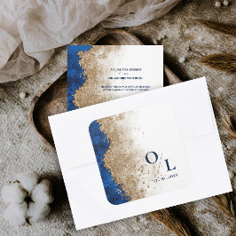 Royal Blue Gold Monogram Initials Wedding Envelope Fyrkantigt Klistermärke