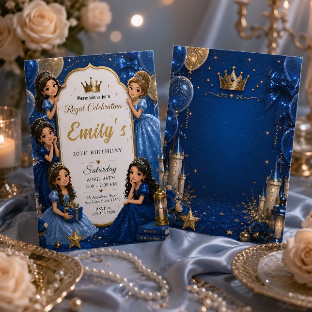 Royal Blue Gold Prinsessa 20-årsdag Inbjudningar (Skapare uppladdad)
