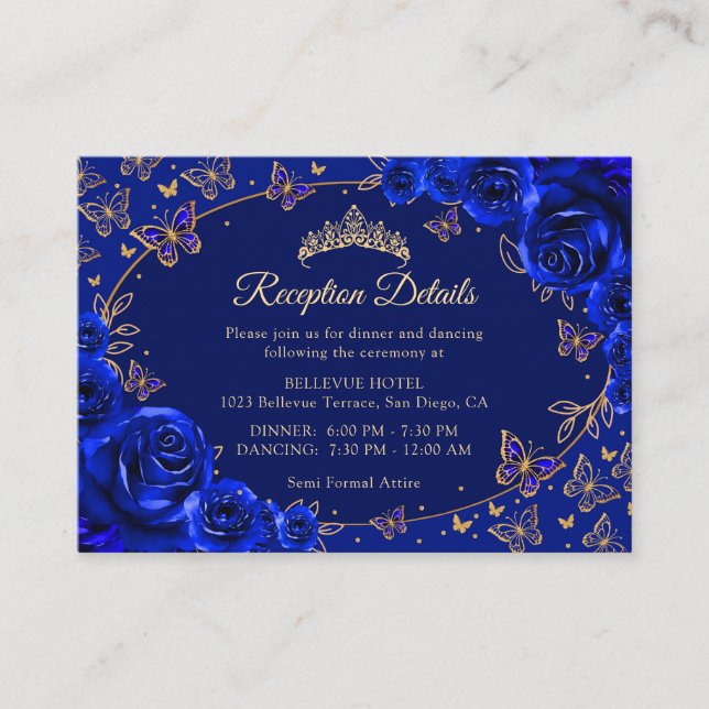 Royal Blue Gold Quinceanera Reception Details Tilläggskort (Framsida)
