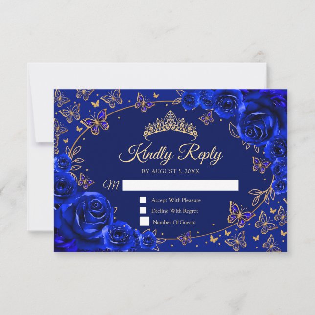Royal Blue Gold Quinceanera Reply OSA Kort (Framsida)