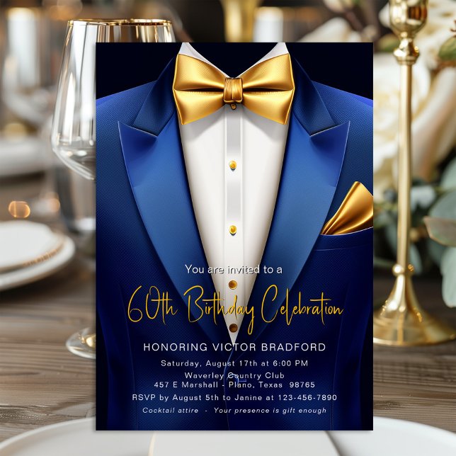 Royal Blue Gold Smoking Alla Nummer Födelsedagsfir Inbjudningar (Any number birthday and event invitation featuring a classy blue and gold tuxedo suit design.)