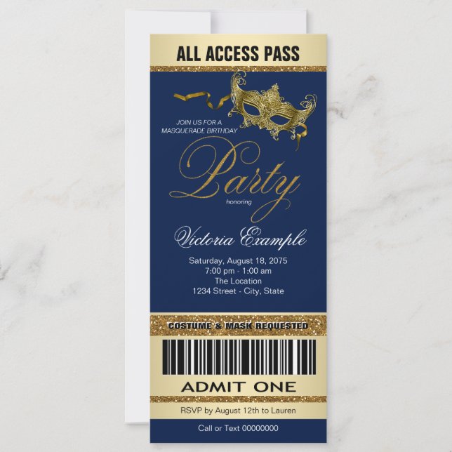 Royal Blue Gold Ticket Style Maskeradfest Inbjudningar (Framsida)