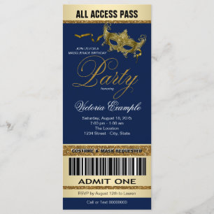 Royal Blue Gold Ticket Style Maskeradfest Inbjudningar
