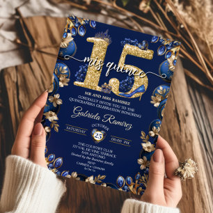 Royal Blue Golden Mis Quince 15 Quinceañera Inbjudningar