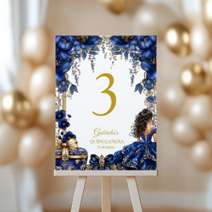 Royal Blue Golden Tiara Blomster Quinceañera Bordsnummer