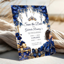 Royal Blue Golden Tiara Quinceañera Blommig