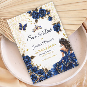 Royal Blue Golden Tiara Rosor Quinceañera Spara Datumet