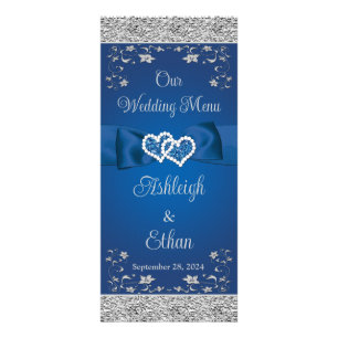 Royal Blue, Grått Kärlek Hearts Bröllop Menu Reklamkort