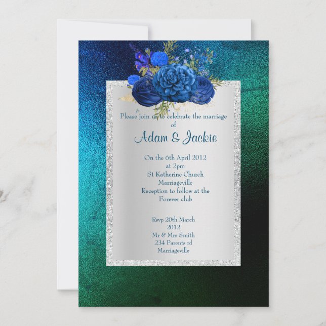 ROYAL BLUE grönt Blommigt bouquet ELEGANT BRÖLLOP Inbjudningar (Framsida)