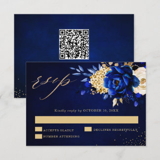 Royal Blue Gul Guld Metallisk Blommig Bröllops QR OSA Kort