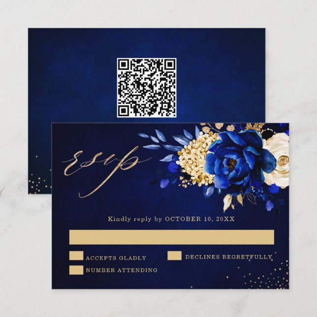 Royal Blue Gul Guld Metallisk Blommig Bröllops QR  OSA Kort (Fram/baksida)