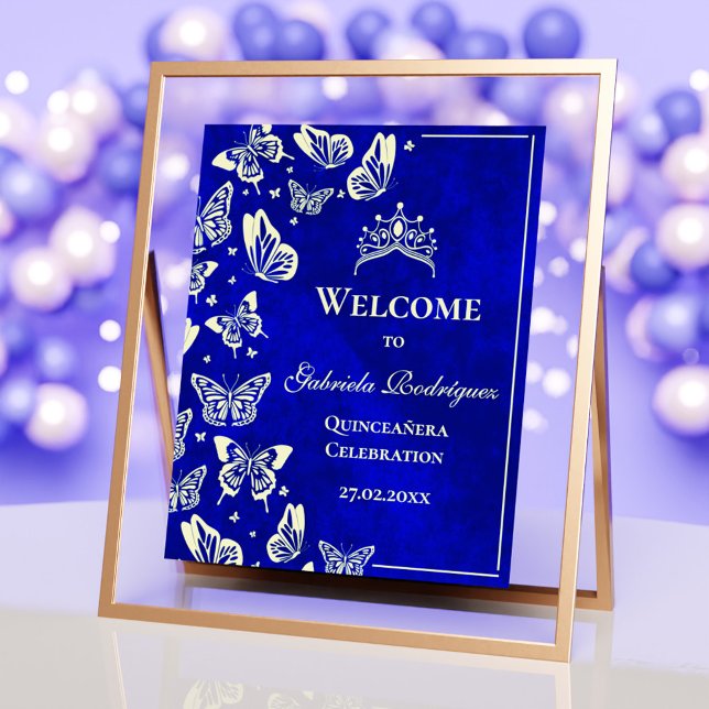Royal Blue Guld 15:e födelsedagen Quinceañera Välk Poster (Royal Blue Gold 15th Birthday Quinceañera Welcome Poster)