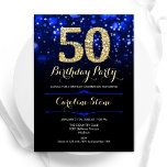 Royal Blue Guld 50:e födelsedagen Inbjudningar<br><div class="desc">50 födelsedagsfest inbjudan. Elegantens royal blå design med faux glitter guld. Innehåller snyggtens diamanter, bokeh ljus och skriptteckensnitt. Manar eller kvinnor i inbjudan. Perfekt för en födelsedagsfest för vuxen av snyggt. Anpassa med dina egna detaljer. Berätta om du behöver anpassa dig ytterligare. Skrivna Zazzle-inbjudningar eller digital utskrivbar mall för omedelbar...</div>