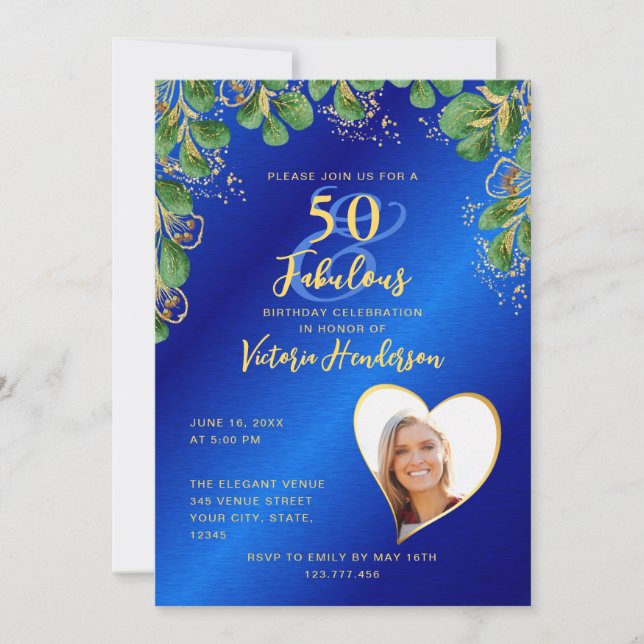 Royal Blue & Guld 50 & Fabulous Greenery Birthday Inbjudningar (Framsida)