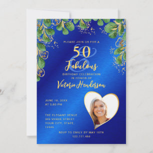 Royal Blue & Guld 50 & Fabulous Greenery Birthday Inbjudningar