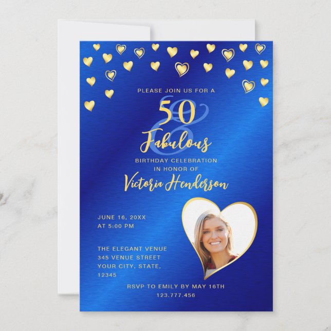 Royal Blue & Guld 50 och Fabulous Birthday Inbjudningar (Framsida)