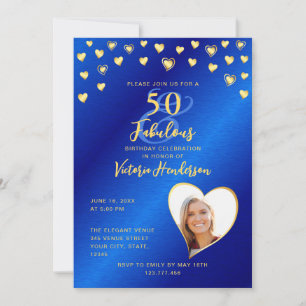 Royal Blue & Guld 50 och Fabulous Birthday Inbjudningar