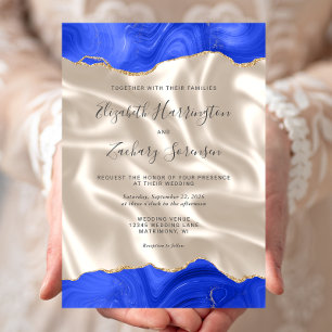 Royal Blue Guld Agate Ivory Silke Bröllop Inbjudningar