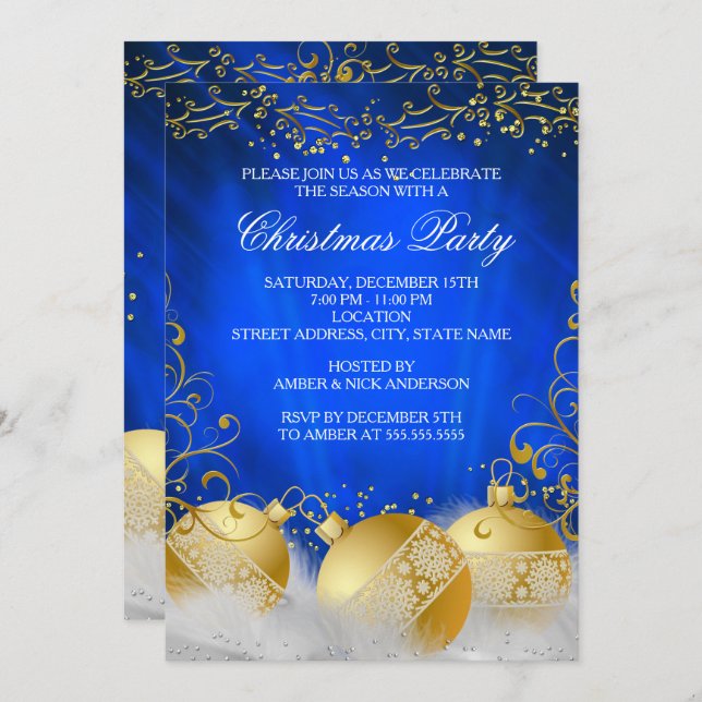 Royal Blue Guld Bauble White jul Party Inbjudningar (Fram/baksida)