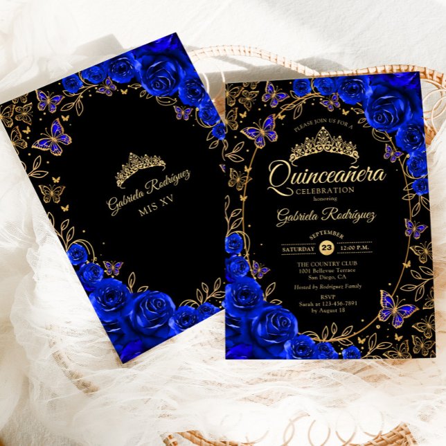 Royal Blue Guld Black Quinceanera Inbjudningar (Skapare uppladdad)