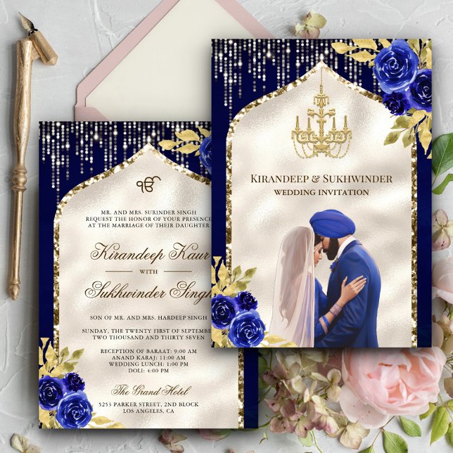 Royal Blue Guld Blommig Anand Karaj Sikh Bröllop Inbjudningar (Skapare uppladdad)