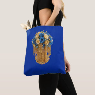 Royal Blue & Guld Blommig — Handväskor Tygkasse