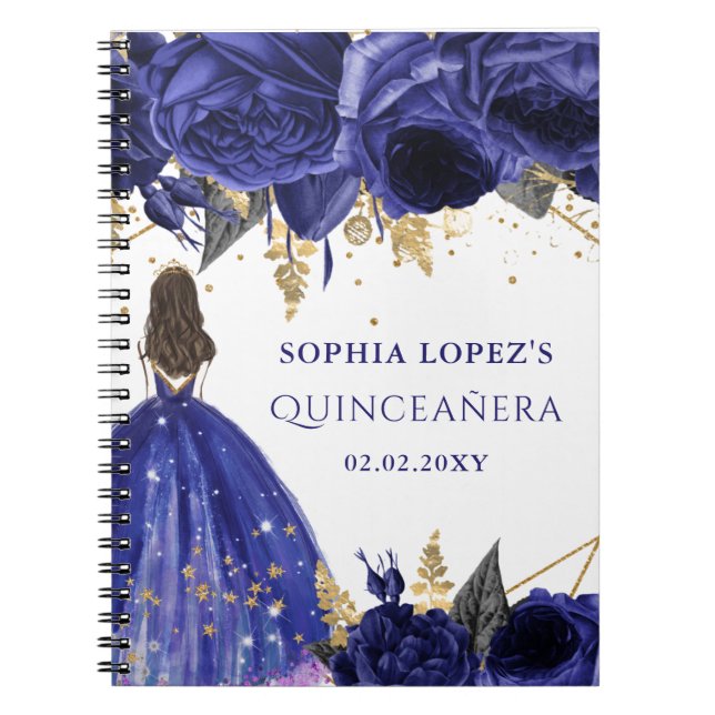 Royal Blue Guld Blommig Prinsessa Quinceanera    Anteckningsbok (Framsidan)