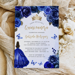 Royal Blue Guld Blommig Vattenfärg Quinceañera Inbjudningar