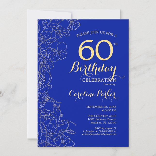 Royal Blue Guld Blommigt 60:e födelsedagen Inbjudningar (Framsida)