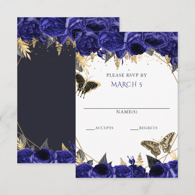 Royal Blue Guld Blommigt Butterflies Quinceanera OSA Kort (Fram/baksida)