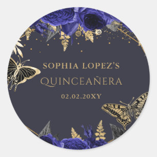 Royal Blue Guld Blommigt Butterflies Quinceanera Runt Klistermärke