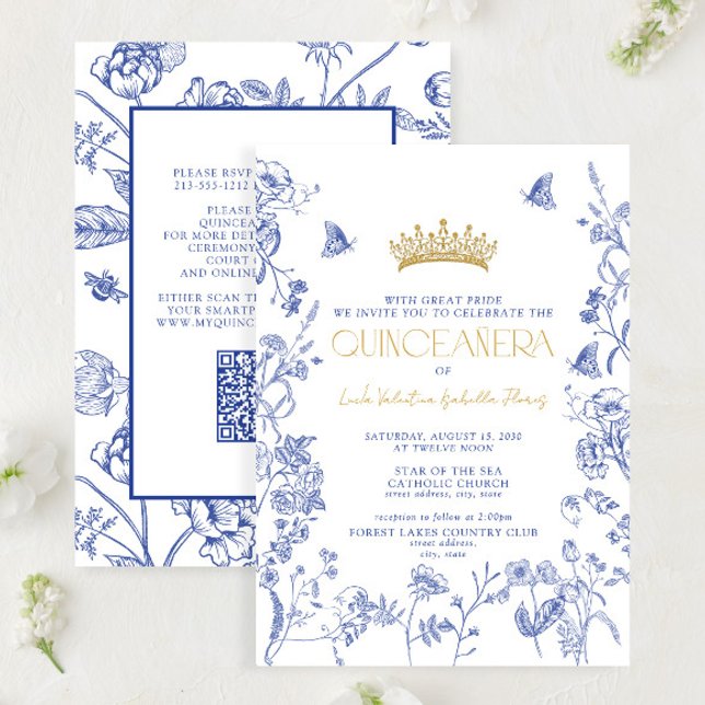 Royal Blue Guld Blommigt Butterfly QR Quinceañera Inbjudningar (Skapare uppladdad)