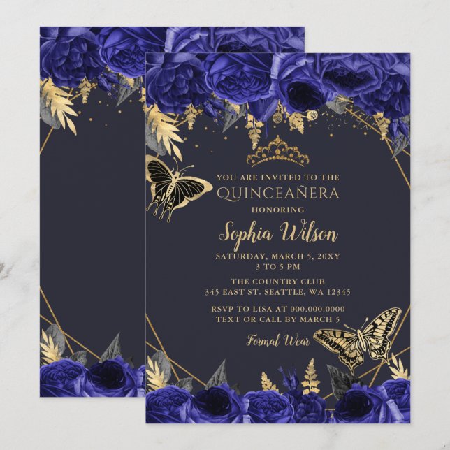 Royal Blue Guld Blommigt Butterfly Quinceañera Inbjudningar (Fram/baksida)